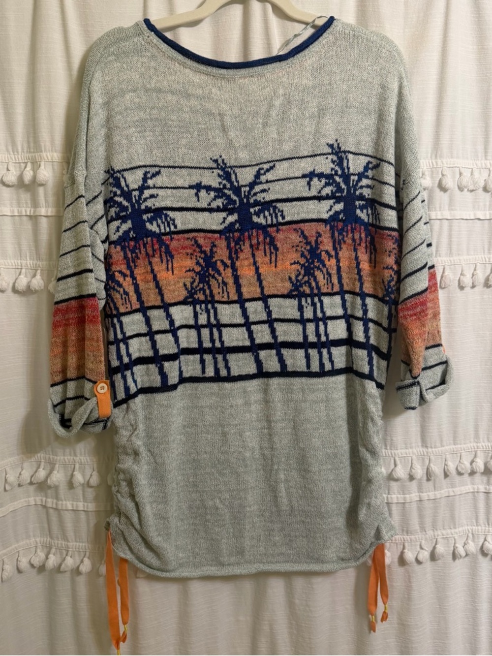Free People Women's Palm Tree Breeze Knit Ruched Sweater Pullover Top Sunset S - Picture 7 of 11